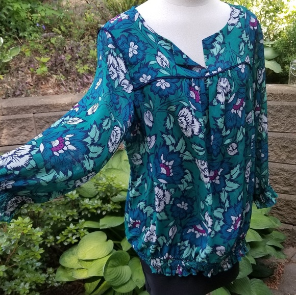 Old Navy Light Sheer Floral Blouse, Smocked Trims - Picture 4 of 8